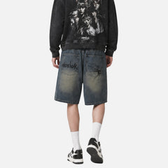 Spider Graphic Washed Denim Shorts