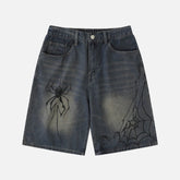Spider Graphic Washed Denim Shorts