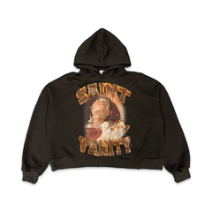 Saint Vanity Vintage Poster‑Print Dark Brown Cropped Oversized Hoodie