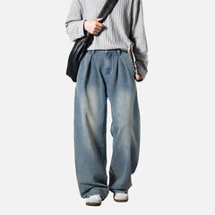 Split-Pleated Washed Vintage Jeans