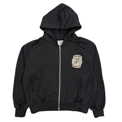 Saint Vanity Retro‑Patch Black Cropped Oversized Zip Hoodie