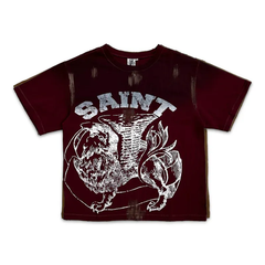 Saint Vanity Retro Griffin Faded Burgundy Destroyed Short Oversized Tee