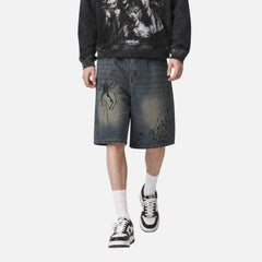 Spider Graphic Washed Denim Shorts