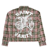 Saint Vanity Cropped Red‑Green Plaid Flannel Shirt Back Graphic Print