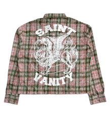Saint Vanity Cropped Red‑Green Plaid Flannel Shirt Back Graphic Print