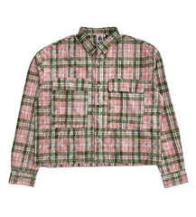 Saint Vanity Cropped Red‑Green Plaid Flannel Shirt Back Graphic Print