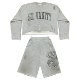 Saint Vanity Vintage Paint-Stain Grey Long Sleeve Top & Oversized Shorts Two Piece Set