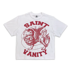 Saint Vanity Retro Griffin Red‑Print White Boxy Short Oversized Tee