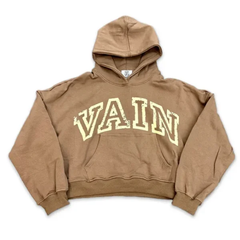 Saint Vanity Retro Letter‑Print Brown Cropped Oversized Hoodie