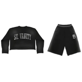 Saint Vanity Retro Varsity Letter Black Cropped Long Sleeve & Baggy Shorts Matching Set