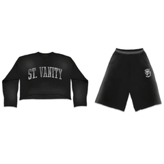 Saint Vanity Retro Varsity Letter Black Cropped Long Sleeve & Baggy Shorts Matching Set