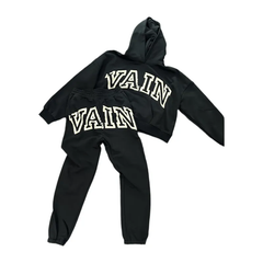 Saint Vanity Retro VAIN Vintage Letter Black Cropped Hoodie & Jogger Matching Tracksuit