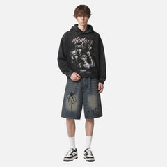 Spider Graphic Washed Denim Shorts