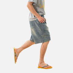 Vintage Washed Pleated Denim Shorts