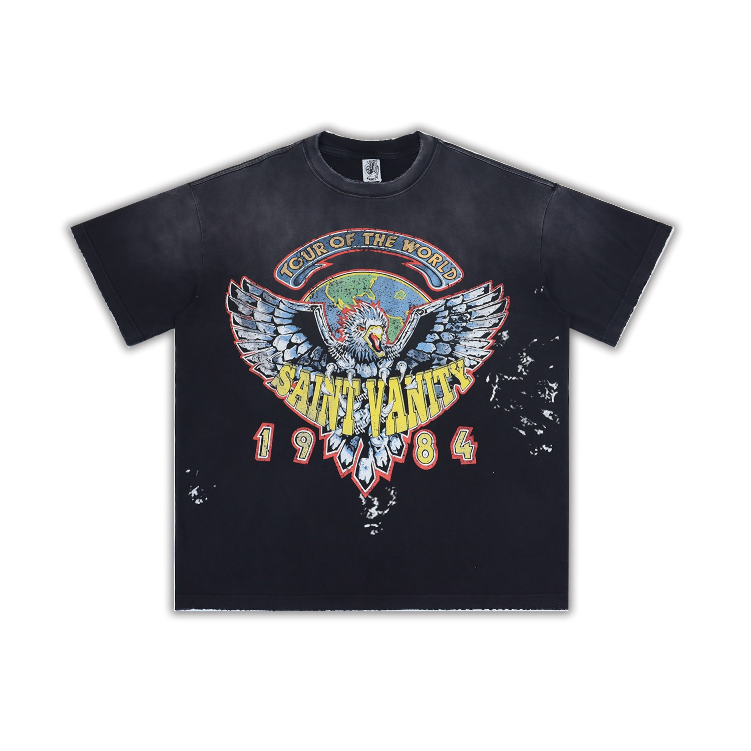 Saint Vanity Tour of the World 1984 Eagle Vintage Cropped Tee - Washed Black