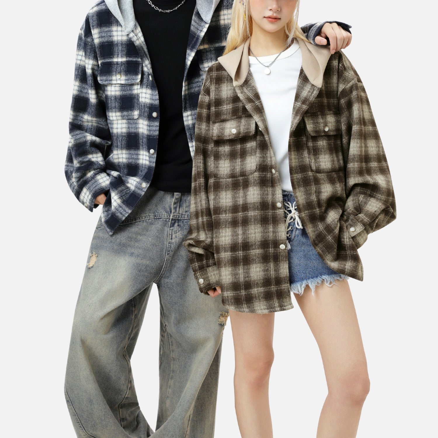 Colorblock Brushed Plaid Hoodie Shirt