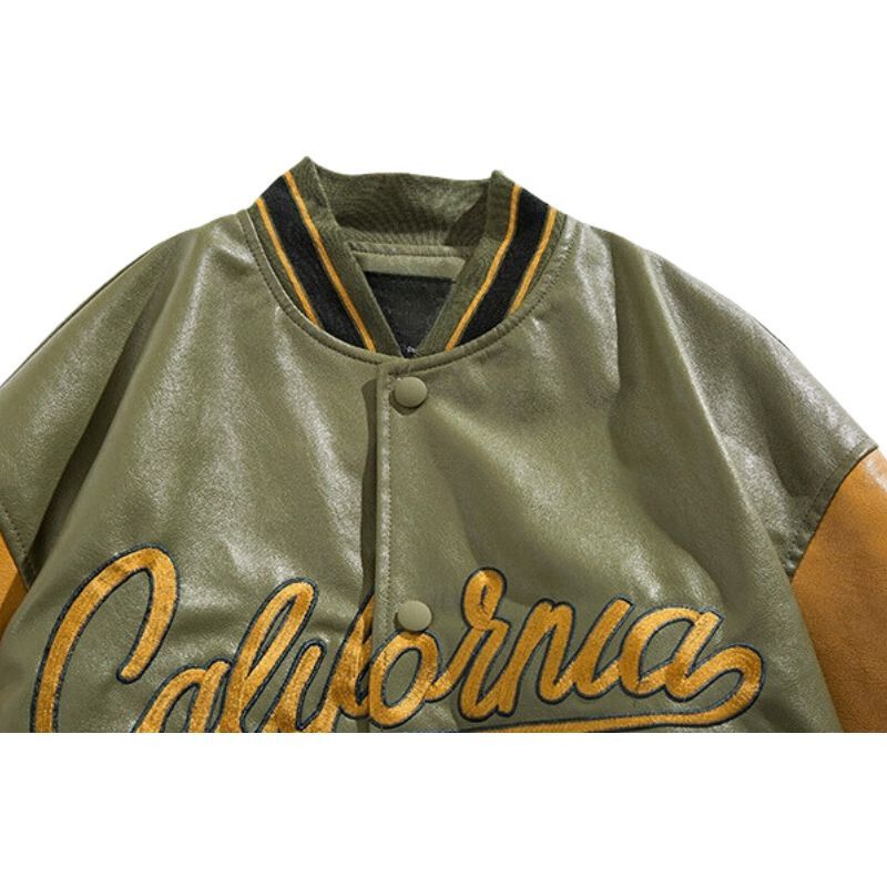 Embroidered PU Leather Baseball Jacket
