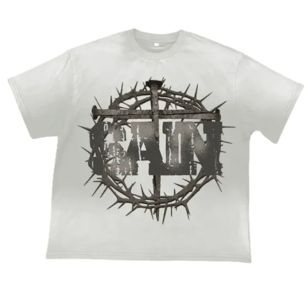 Saint Vanity Thorn Crown Cross Retro Washed Off‑White Oversized Tee