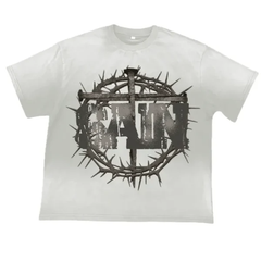 Saint Vanity Thorn Crown Cross Retro Washed Off‑White Oversized Tee