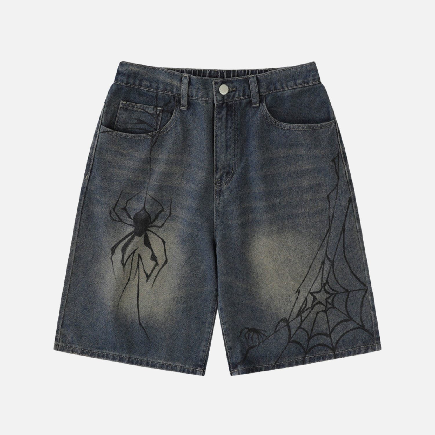 Spider Graphic Washed Denim Shorts