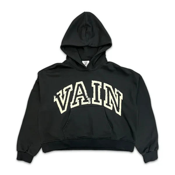 Saint Vanity Retro Letter‑Print Black Cropped Oversized Hoodie