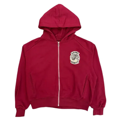 Saint Vanity Retro‑Patch Wine Red Cropped Oversized Zip Hoodie