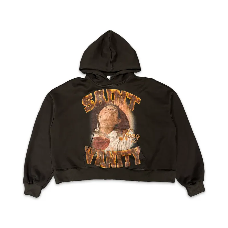 Saint Vanity Vintage Poster‑Print Dark Brown Cropped Oversized Hoodie