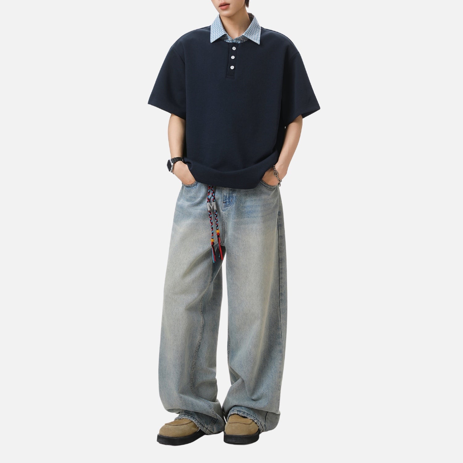 Faux-Layered Plaid Polo Tee