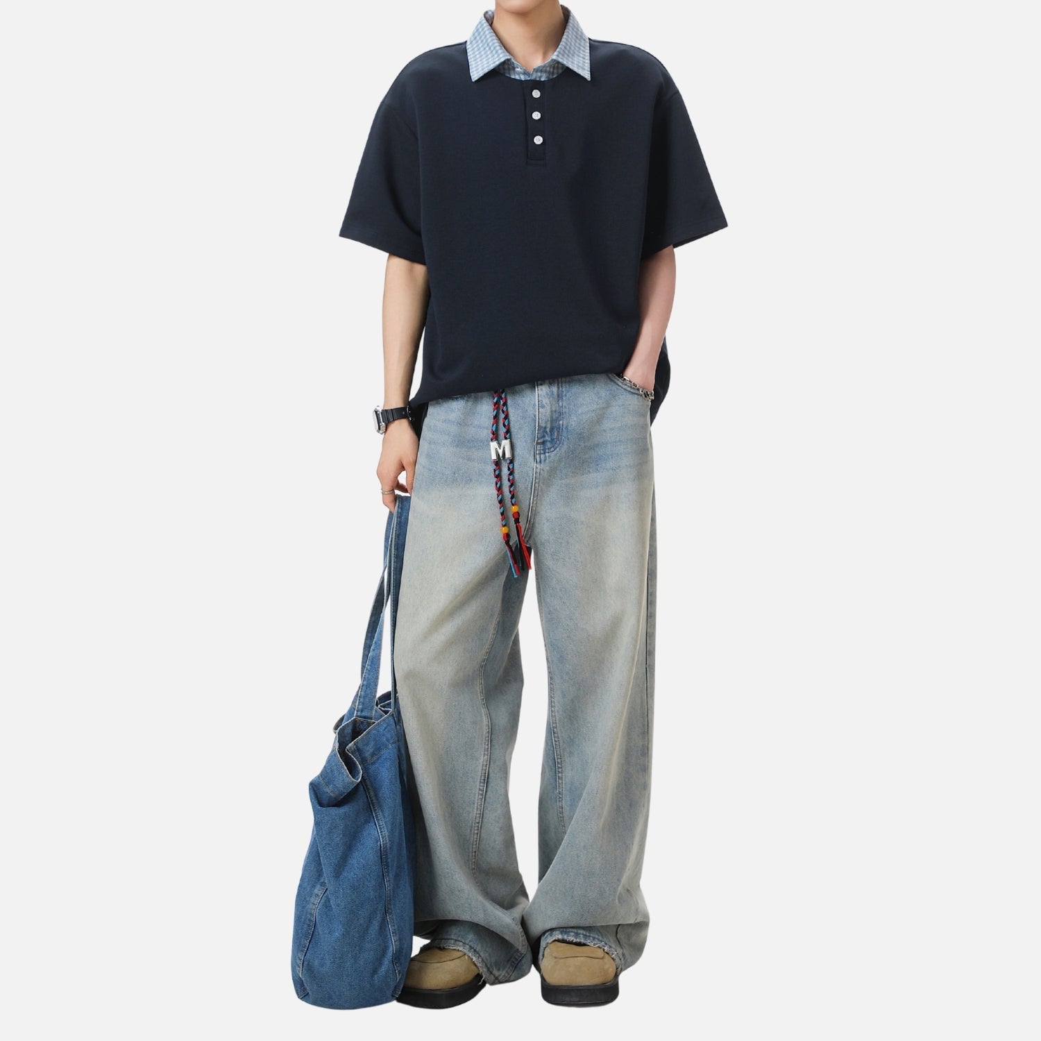Faux-Layered Plaid Polo Tee