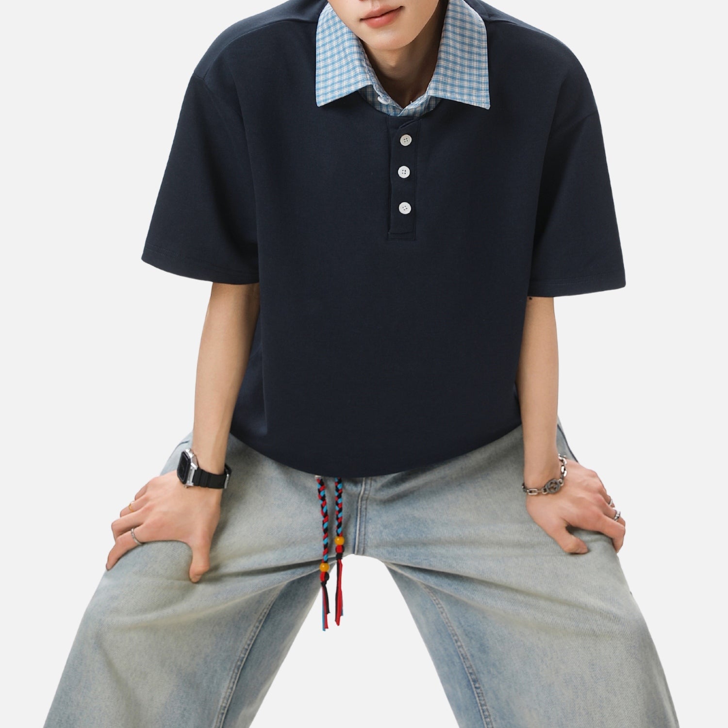 Faux-Layered Plaid Polo Tee