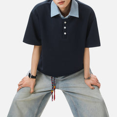 Faux-Layered Plaid Polo Tee