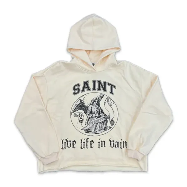 Saint Vanity Retro Angel‑Print Cream Cropped Oversized Hoodie