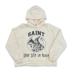 Saint Vanity Retro Angel‑Print Cream Cropped Oversized Hoodie