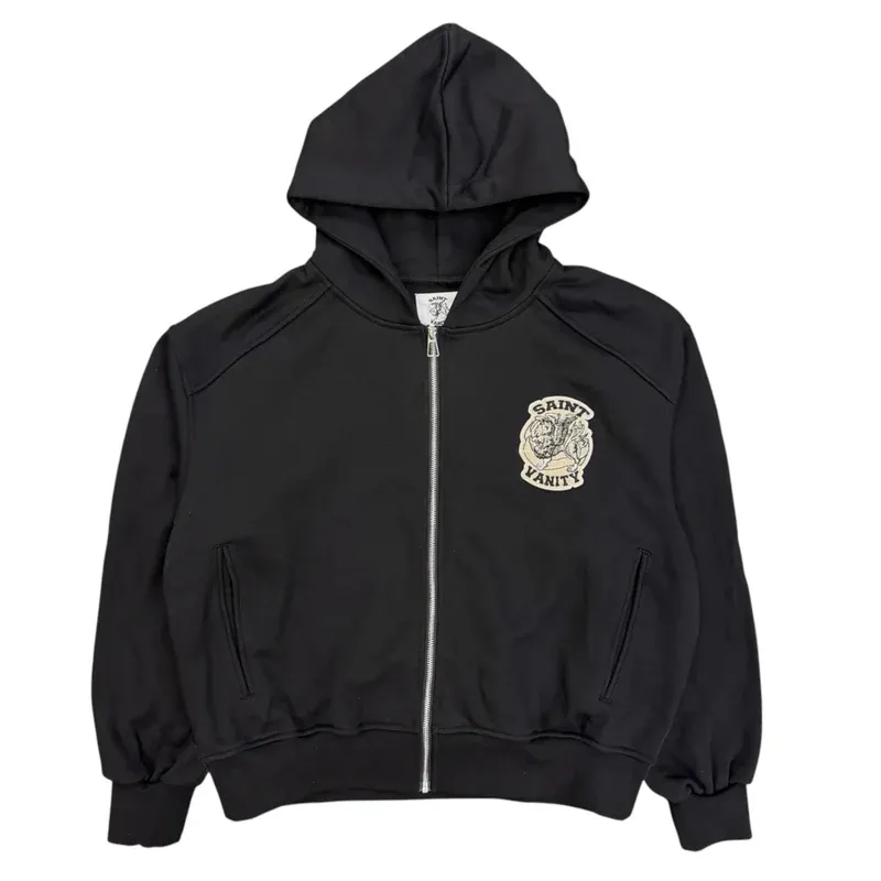 Saint Vanity Retro‑Patch Black Cropped Oversized Zip Hoodie