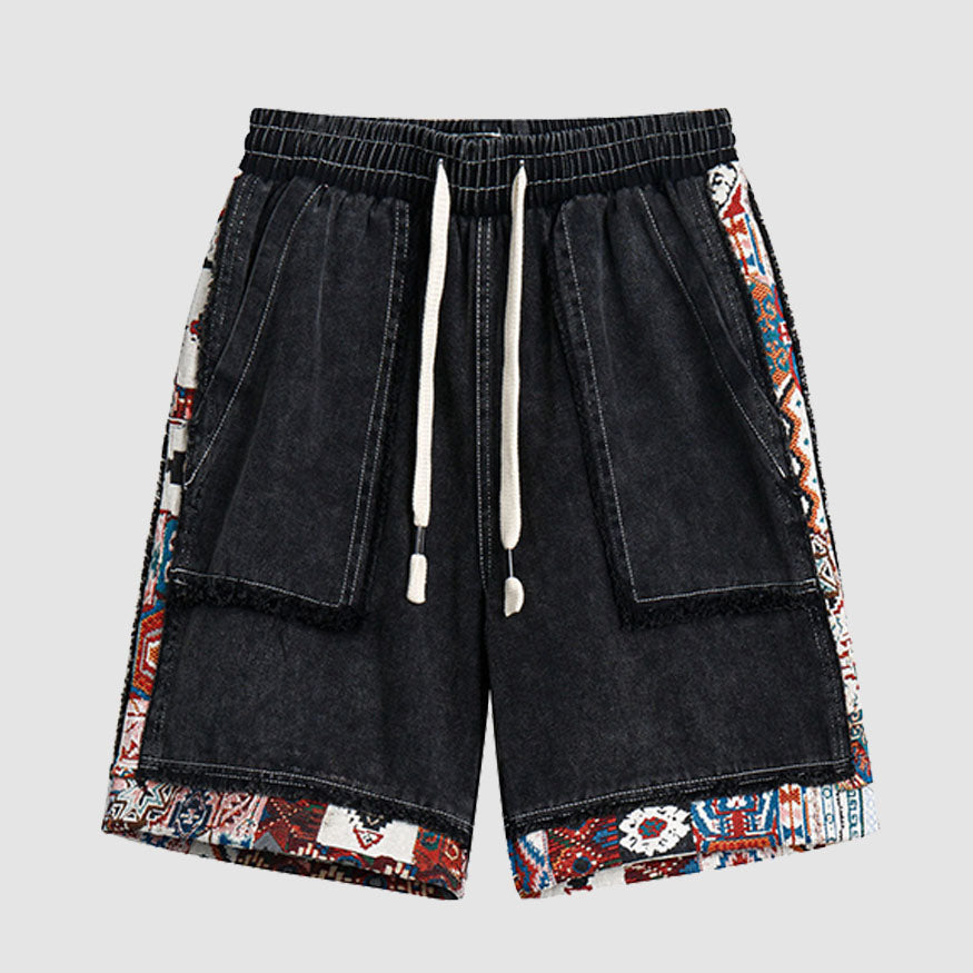 Ethnic Patchwork Drawstring Shorts