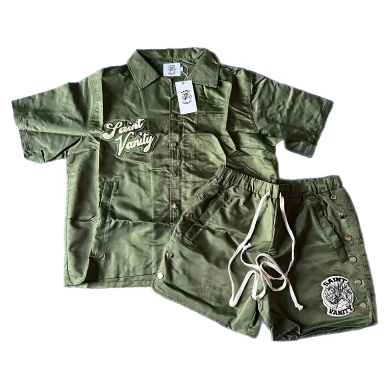 Saint Vanity Army Green Embroidered Short Sleeve Shirt & Side Snap Shorts Set