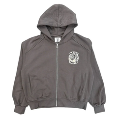 Saint Vanity Retro‑Patch Charcoal Grey Cropped Oversized Zip Hoodie