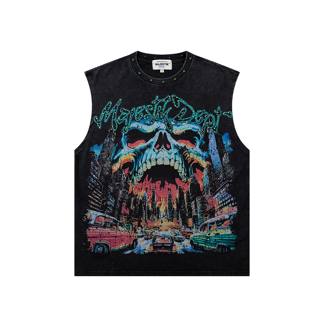 Majestik Skull City Graphic Rivet Sleeveless Tank Top
