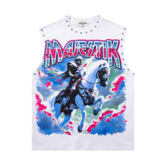 Majestik Warrior Horse Graphic Rivet Sleeveless Tank Top
