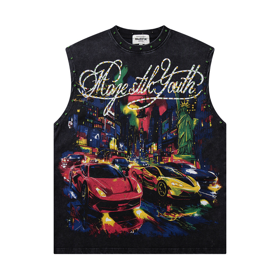 Majestik City Sports Car Graphic Rivet Sleeveless Tank Top