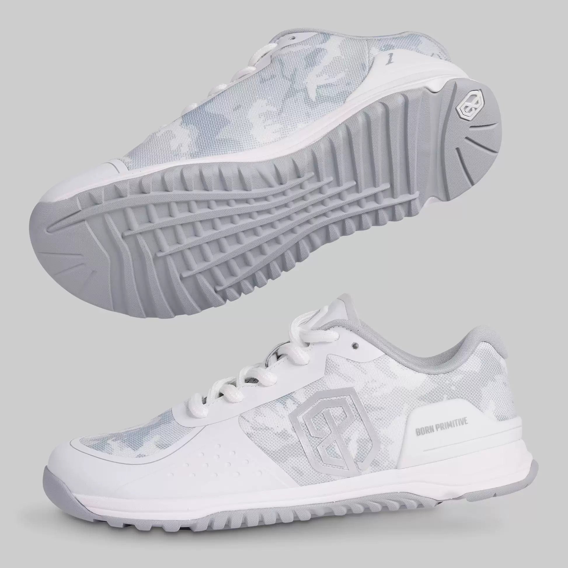 B. P Savage White Grey Camo Training Shoes