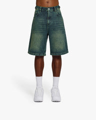 GREEN TINTED DENIM JORTS