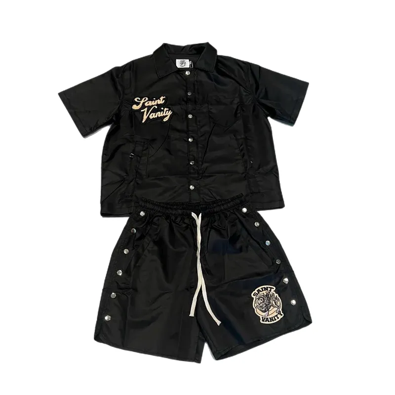 Saint Vanity Vintage Embroidered Black Camp Collar Shirt & Side Snap Rivet Shorts Matching Set