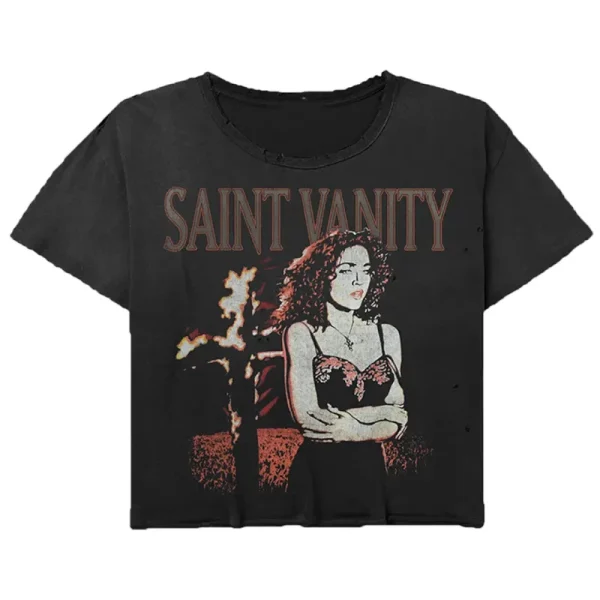 Saint Vanity Retro Female Portrait Destroyed Black Crop Oversized Tee