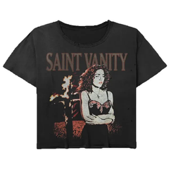 Saint Vanity Retro Female Portrait Destroyed Black Crop Oversized Tee