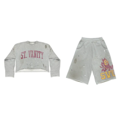 Saint Vanity Distressed ST. VANITY Letter Cropped Long Sleeve Top