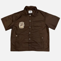 Saint Vanity Vintage Embroidered Brown Short Sleeve Shirt & Side Snap Casual Shorts Matching Set