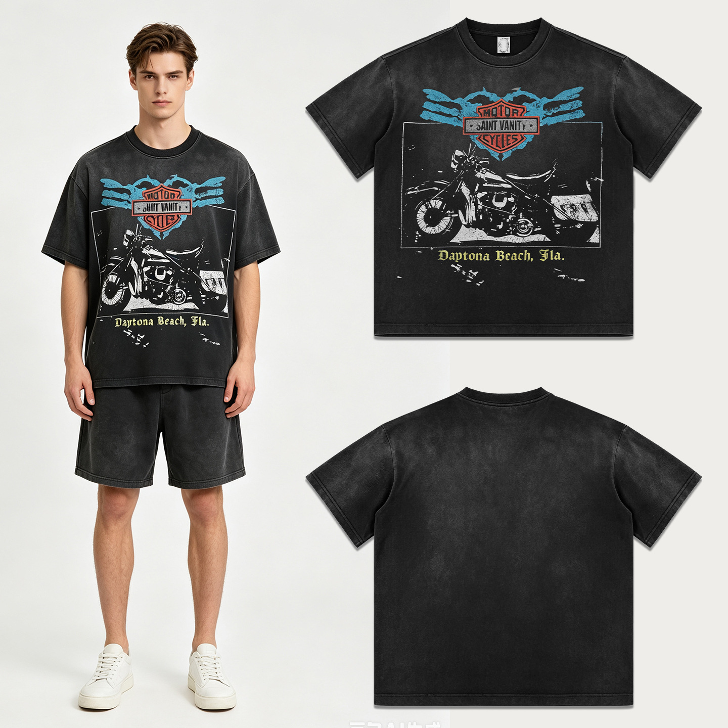 Saint Vanity Motor Cycles Daytona Vintage Tee - Washed Black