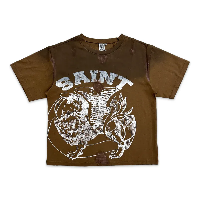 Saint Vanity Retro Griffin Faded Brown Destroyed Boxy Short Tee
