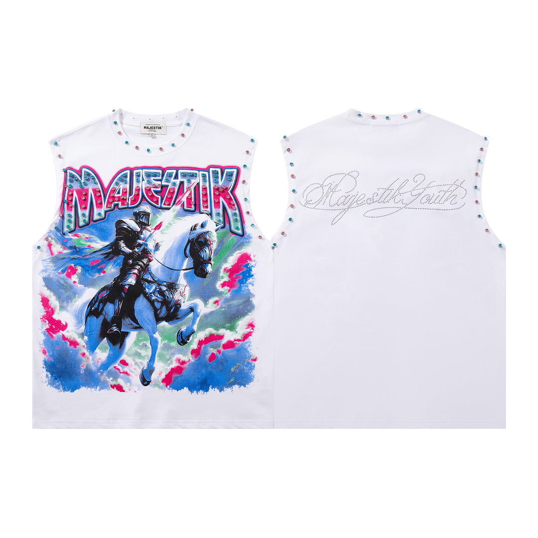 Majestik Warrior Horse Graphic Rivet Sleeveless Tank Top